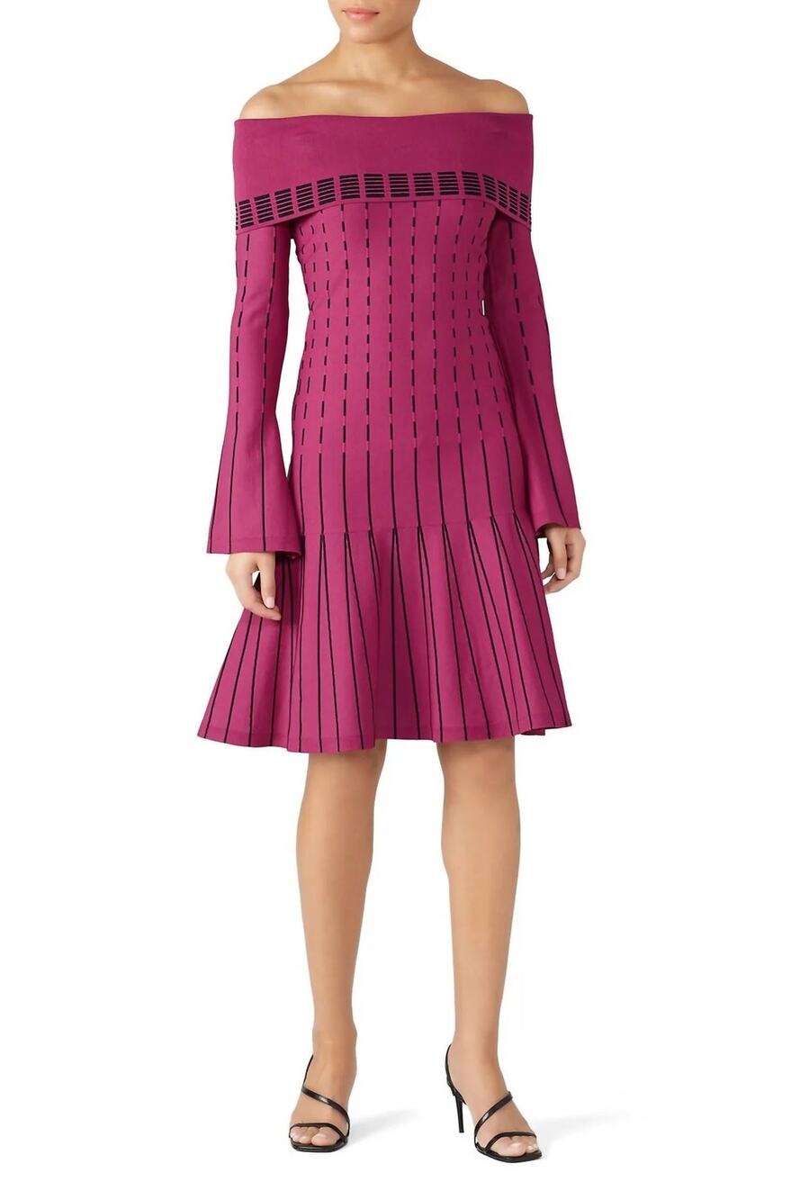 Prabal Gurung Burgundy Striped Off-the-shoulder Bell Long Sleeves Dress 2